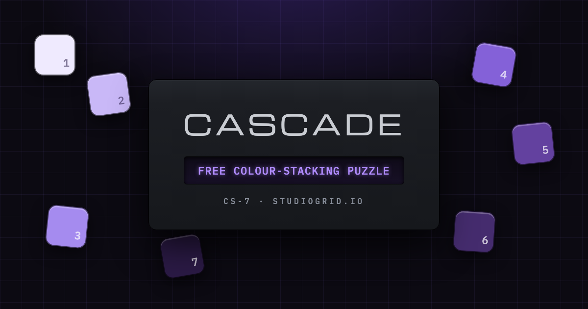 Cascade: a dark hardware-style game panel with colourful falling blocks stacking in a well